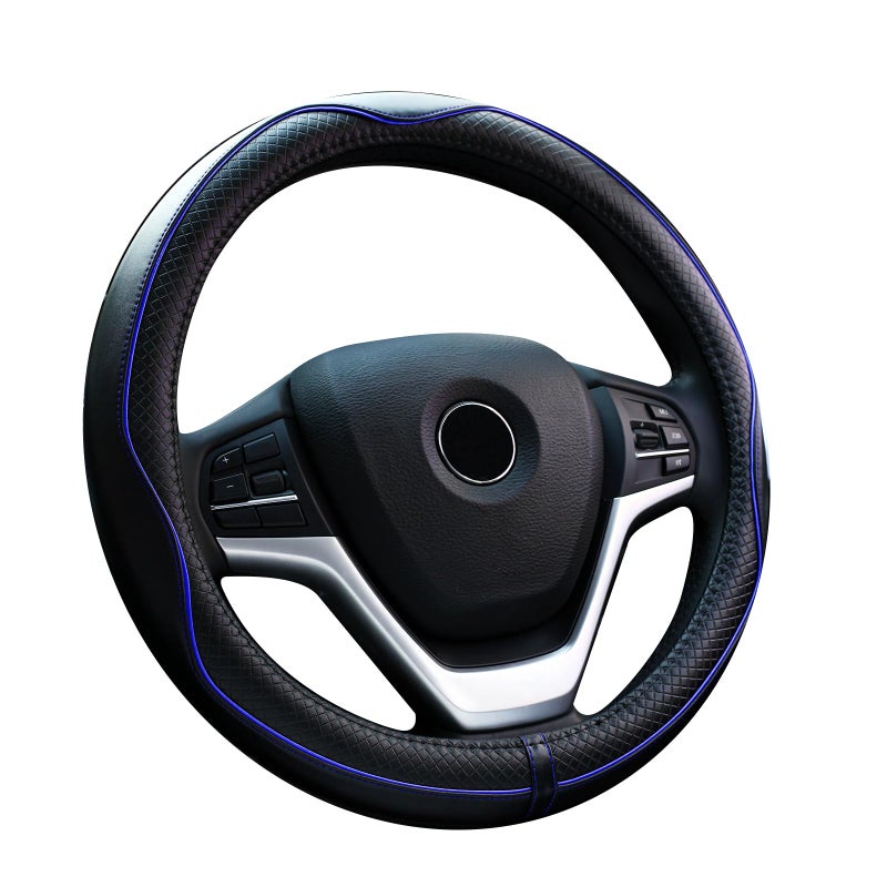 Valleycomfy Steering Wheel Covers Universal 15 inch - Genuine Leather, Breathable, Anti Slip & Odor Free (Black with Blue Lines, M(14" 1/2-15" 1/4))